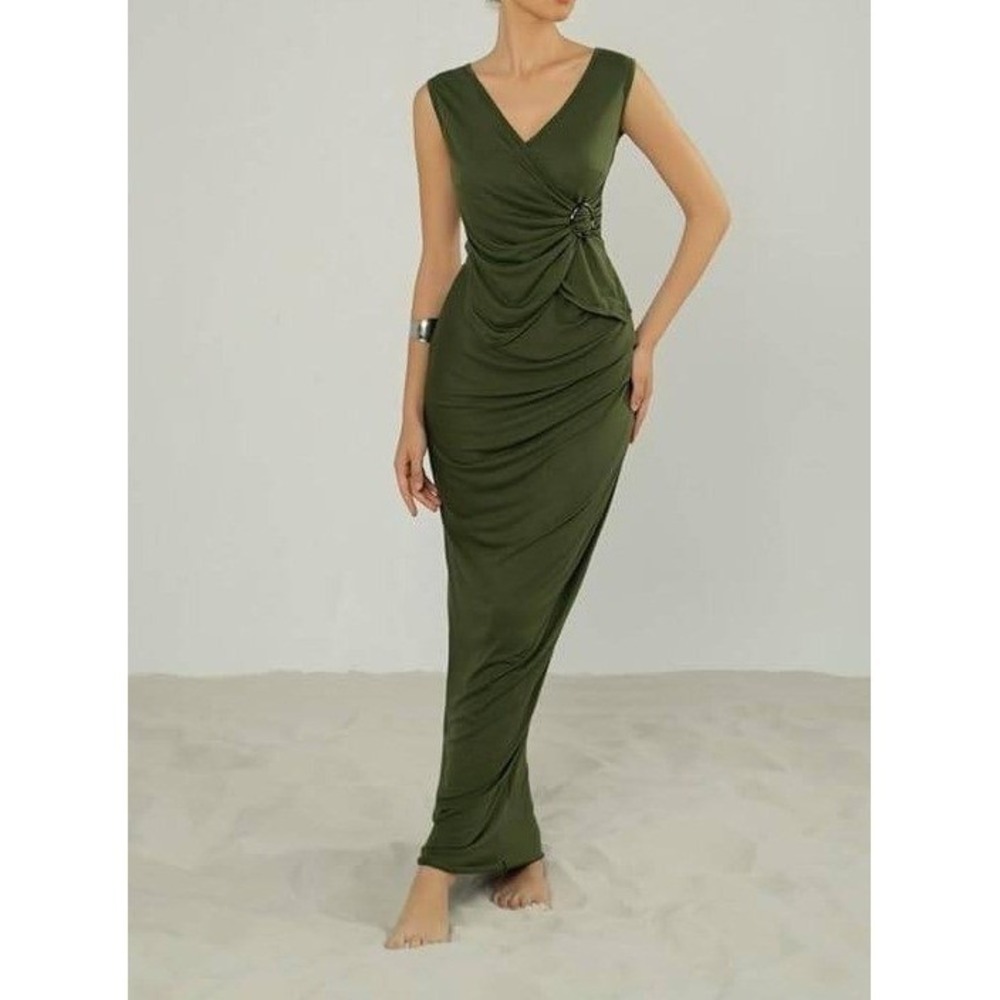 2 PC Maxi Skirt Set- Women Sz M/L Sleeveless Wrap Top, Ruched Draped Skirt Olive